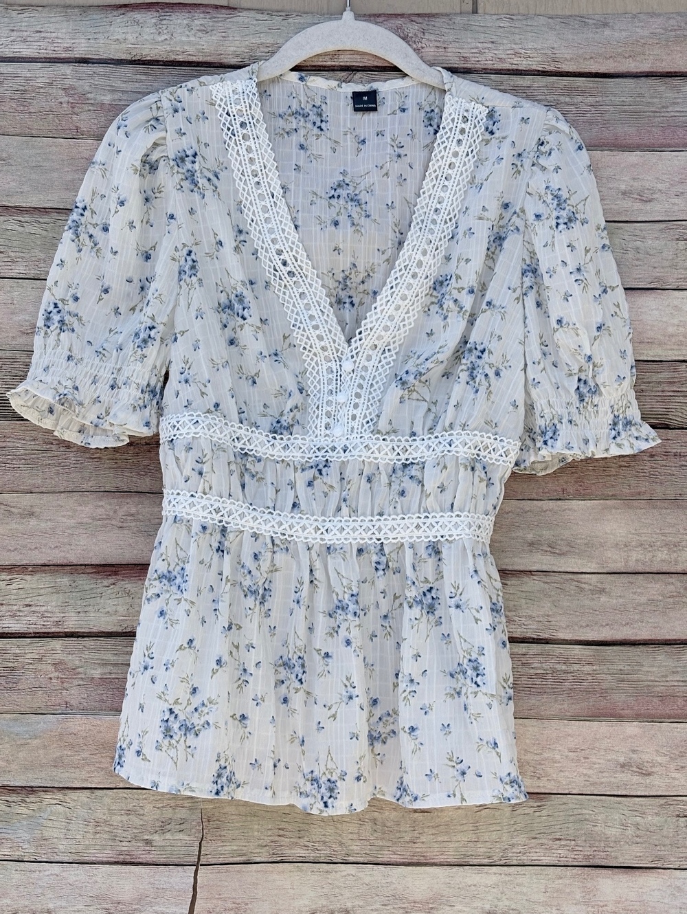 Y2K Babydoll V-Neck Women's M Blue  Floral Lace Peplum Boho Romantic Cottagecore - Picture 3 of 12